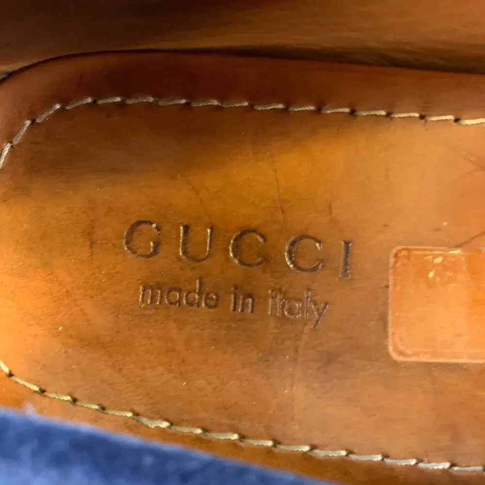 GUCCI Size 11 Blue Suede Slip On Loafers